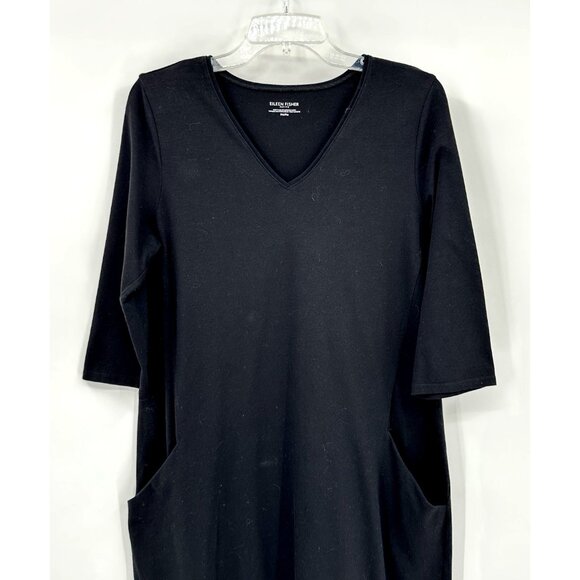 EILEEN FISHER dress pockets knee length 3/4 sleeve organic cotton black PM - Picture 3 of 7